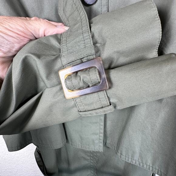 Gallery Green Long Trench Coat Size 12 Removable Lining Leather Contrast - Picture 6 of 13